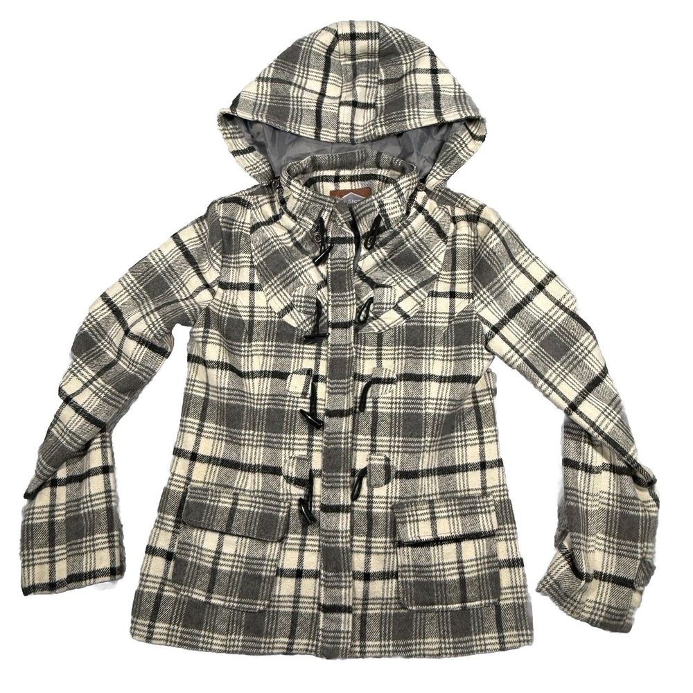 One step Up Women's BLACK/GRAY Plaid WOOL BLEND Lined BUTTON-UP Coat/Jacket Sz L